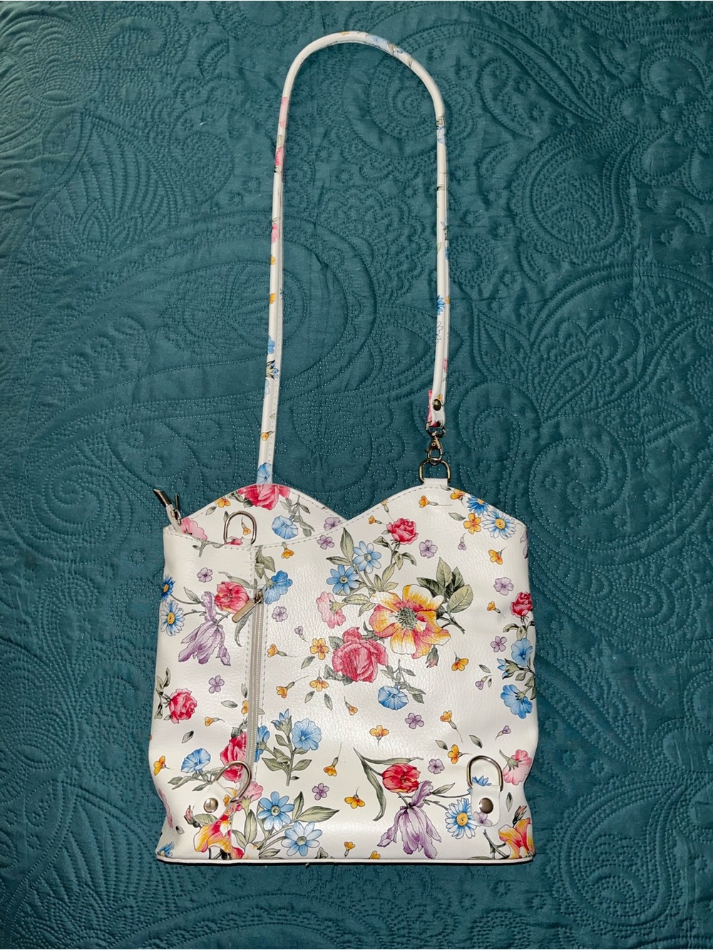 Convertible Purse Backpack White Multicolor Floral Genuine Leather Made In Italy